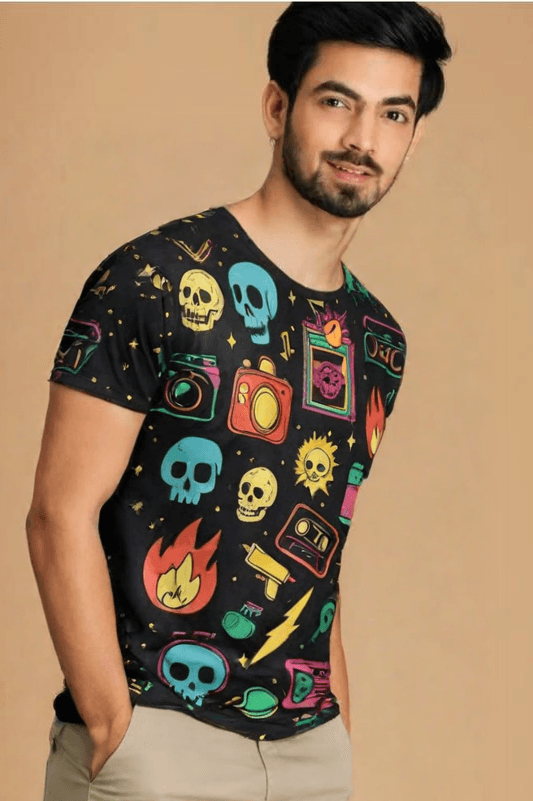 Retro Rebellion: Skulls, Flames, and Flashbacks Tee - NOIRCODE